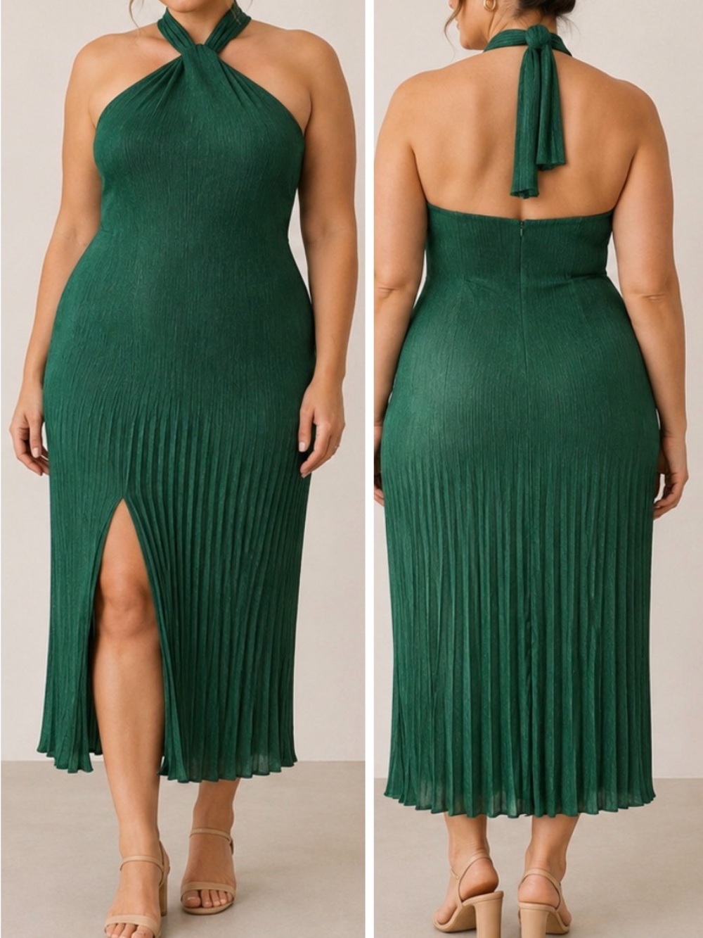 L’IDEE Pleated Soirée Halter Midi Dress Emerald Green Wedding Guest